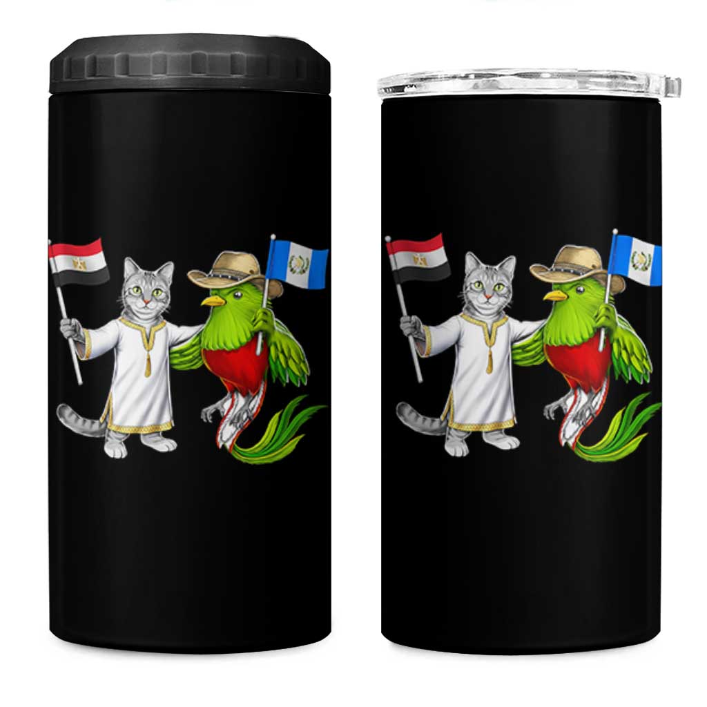 Egypt and Guatemala Friendship Heritage Pride 4 in 1 Can Cooler Tumbler Cute Cat and Quetzal Holding Flag