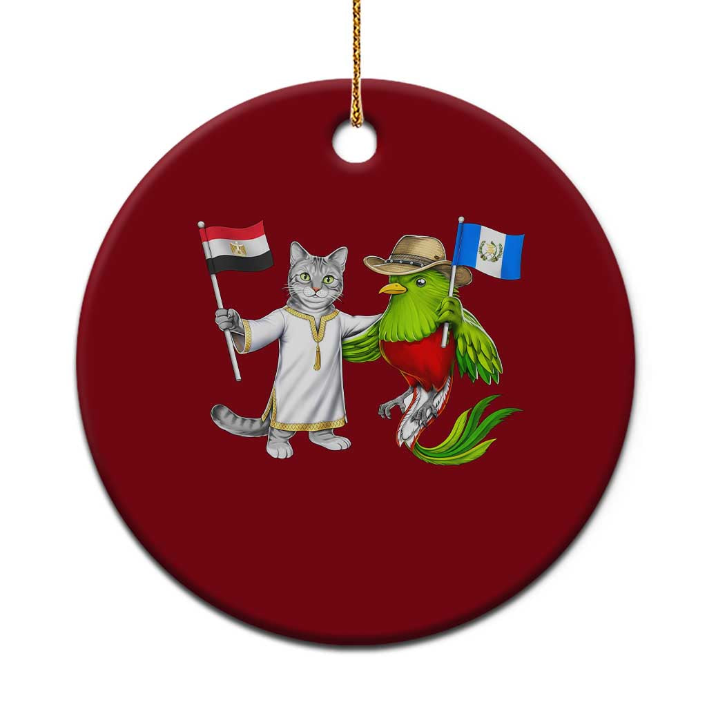 Egypt and Guatemala Friendship Heritage Pride Ceramic Ornament Cute Cat and Quetzal Holding Flag