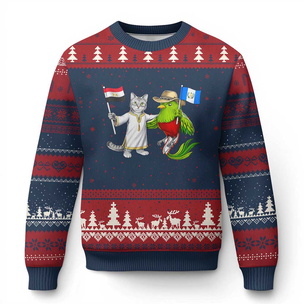 Egypt and Guatemala Friendship Heritage Pride Ugly Christmas Sweater Cute Cat and Quetzal Holding Flag