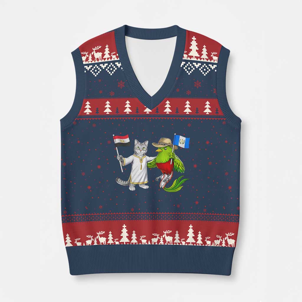 Egypt and Guatemala Friendship Heritage Pride V-Neck Knit Sweater Vest Cute Cat and Quetzal Holding Flag