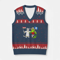 Egypt and Guatemala Friendship Heritage Pride V-Neck Knit Sweater Vest Cute Cat and Quetzal Holding Flag