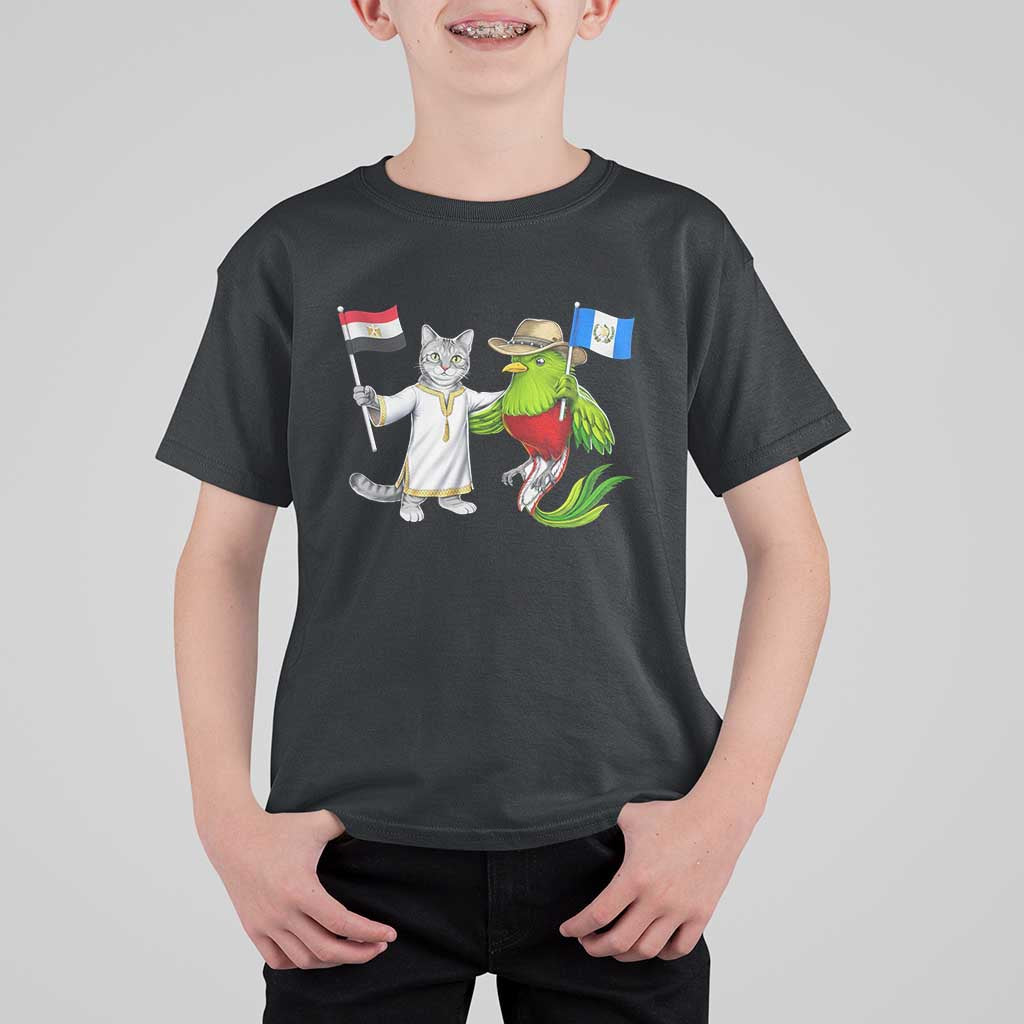 Egypt and Guatemala Friendship Heritage Pride T Shirt For Kid Cute Cat and Quetzal Holding Flag