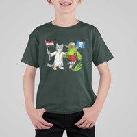 Egypt and Guatemala Friendship Heritage Pride T Shirt For Kid Cute Cat and Quetzal Holding Flag