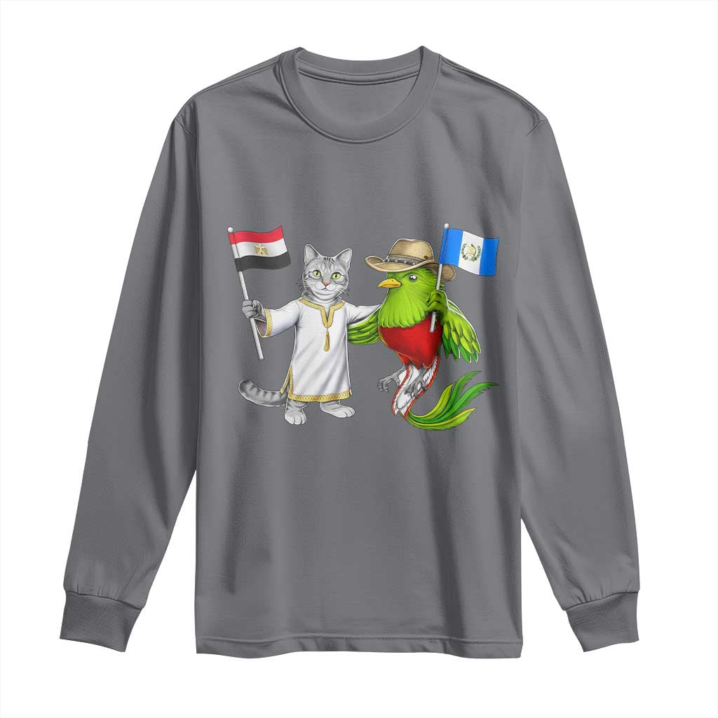 Egypt and Guatemala Friendship Heritage Pride Long Sleeve Shirt Cute Cat and Quetzal Holding Flag