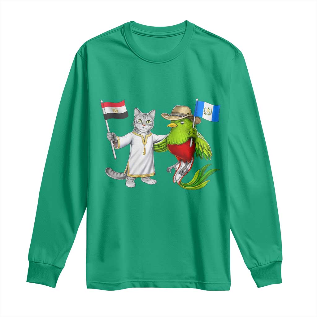 Egypt and Guatemala Friendship Heritage Pride Long Sleeve Shirt Cute Cat and Quetzal Holding Flag