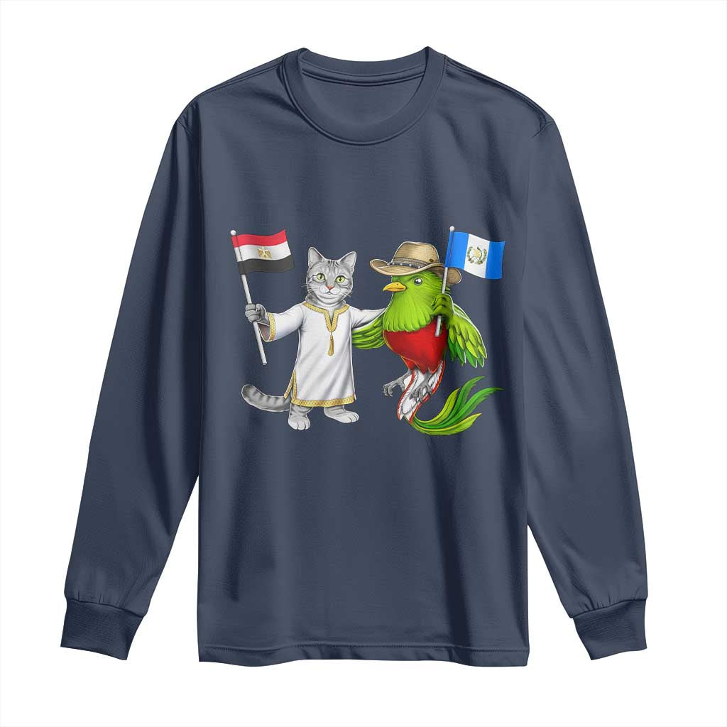 Egypt and Guatemala Friendship Heritage Pride Long Sleeve Shirt Cute Cat and Quetzal Holding Flag