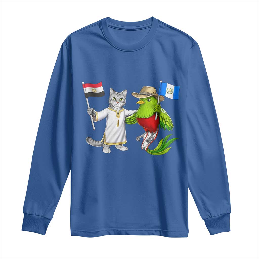 Egypt and Guatemala Friendship Heritage Pride Long Sleeve Shirt Cute Cat and Quetzal Holding Flag