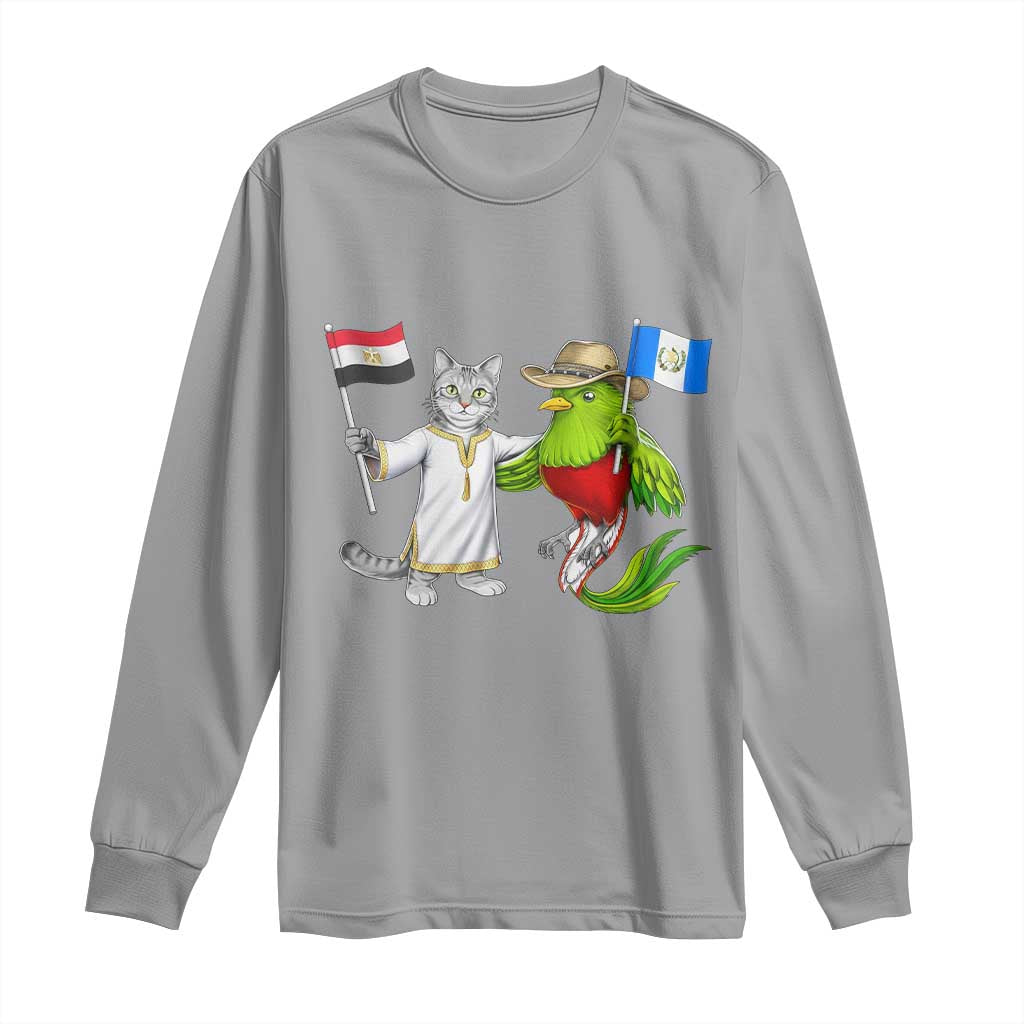 Egypt and Guatemala Friendship Heritage Pride Long Sleeve Shirt Cute Cat and Quetzal Holding Flag