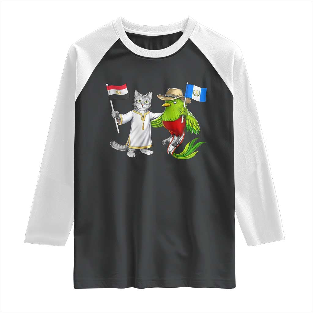 Egypt and Guatemala Friendship Heritage Pride Raglan Shirt Cute Cat and Quetzal Holding Flag