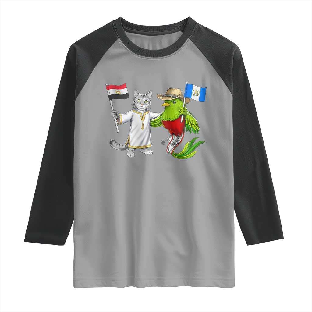 Egypt and Guatemala Friendship Heritage Pride Raglan Shirt Cute Cat and Quetzal Holding Flag