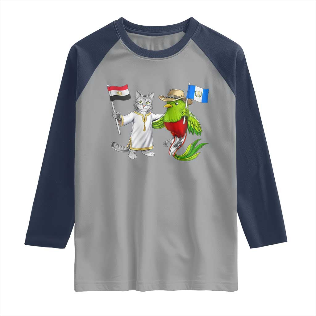 Egypt and Guatemala Friendship Heritage Pride Raglan Shirt Cute Cat and Quetzal Holding Flag