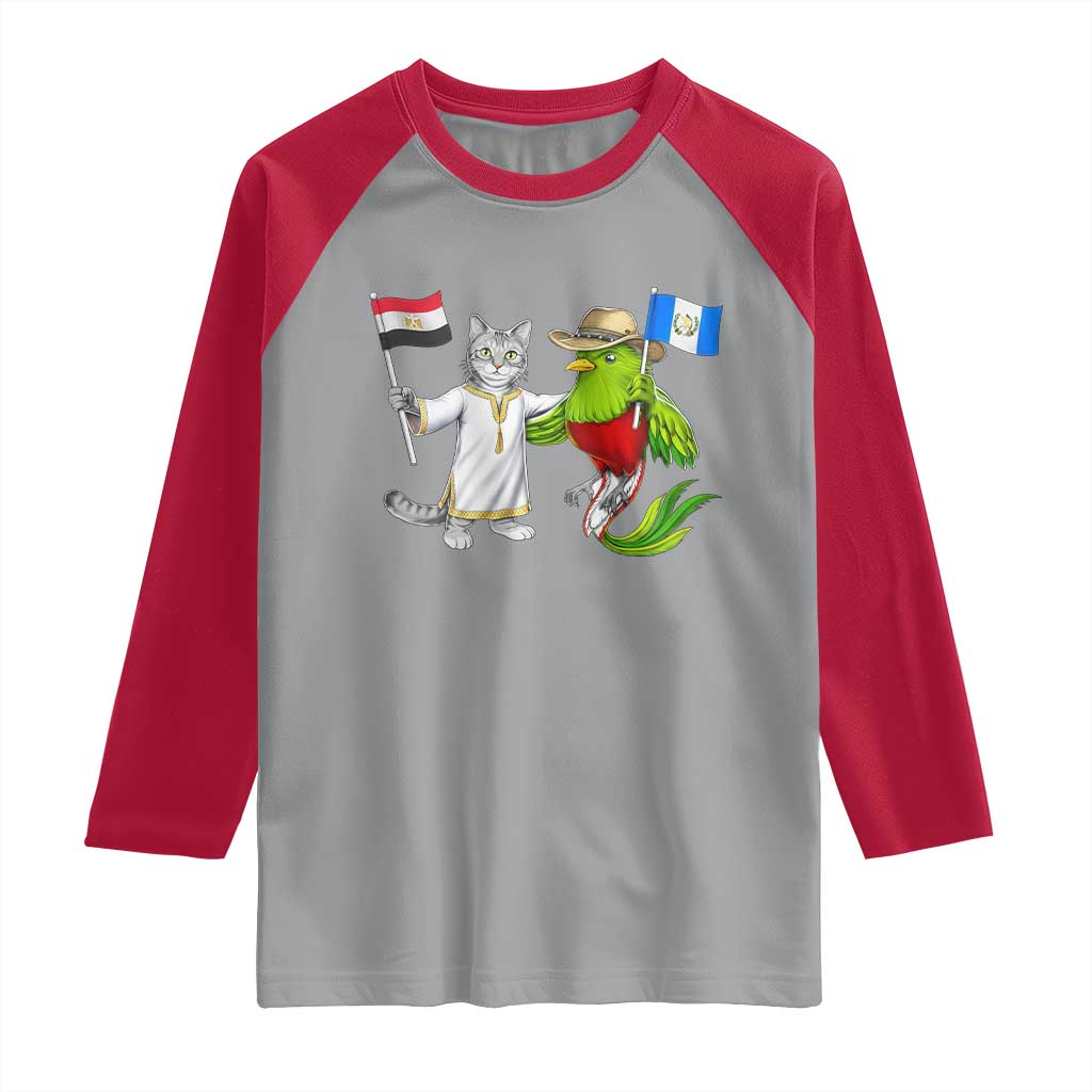 Egypt and Guatemala Friendship Heritage Pride Raglan Shirt Cute Cat and Quetzal Holding Flag