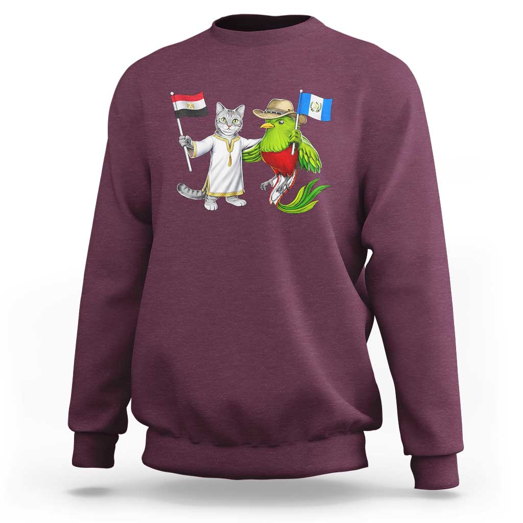 Egypt and Guatemala Friendship Heritage Pride Sweatshirt Cute Cat and Quetzal Holding Flag