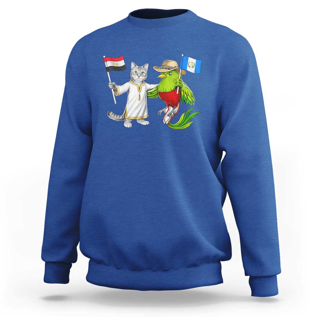 Egypt and Guatemala Friendship Heritage Pride Sweatshirt Cute Cat and Quetzal Holding Flag