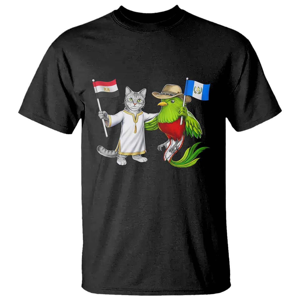 Egypt and Guatemala Friendship Heritage Pride T Shirt Cute Cat and Quetzal Holding Flag