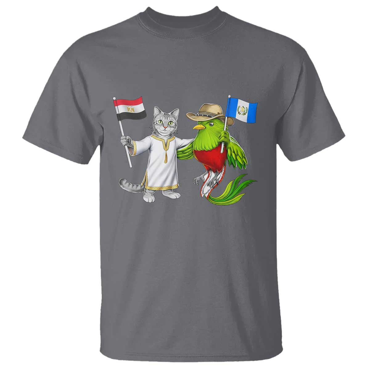 Egypt and Guatemala Friendship Heritage Pride T Shirt Cute Cat and Quetzal Holding Flag