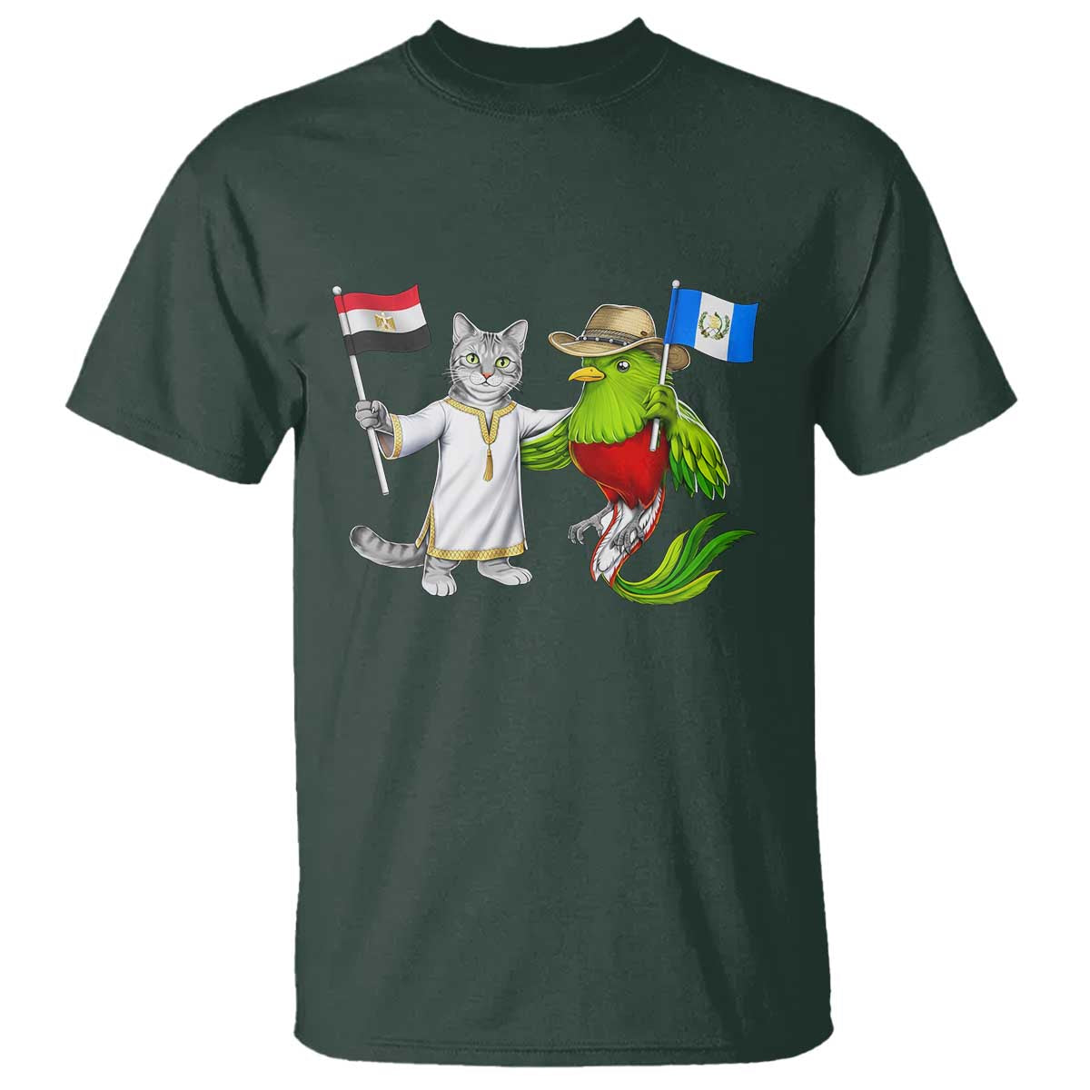Egypt and Guatemala Friendship Heritage Pride T Shirt Cute Cat and Quetzal Holding Flag