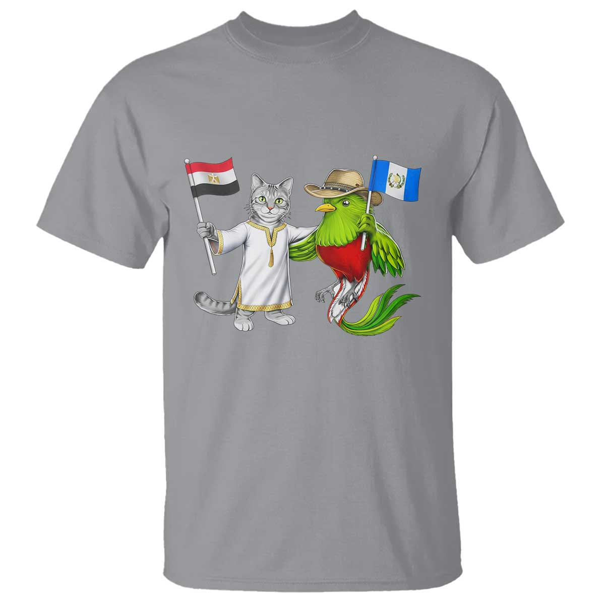 Egypt and Guatemala Friendship Heritage Pride T Shirt Cute Cat and Quetzal Holding Flag