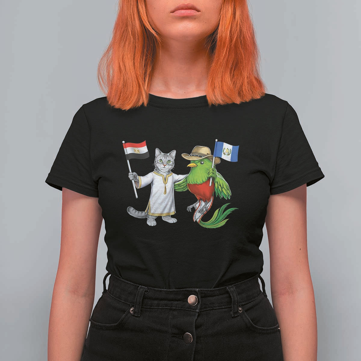 Egypt and Guatemala Friendship Heritage Pride T Shirt For Women Cute Cat and Quetzal Holding Flag