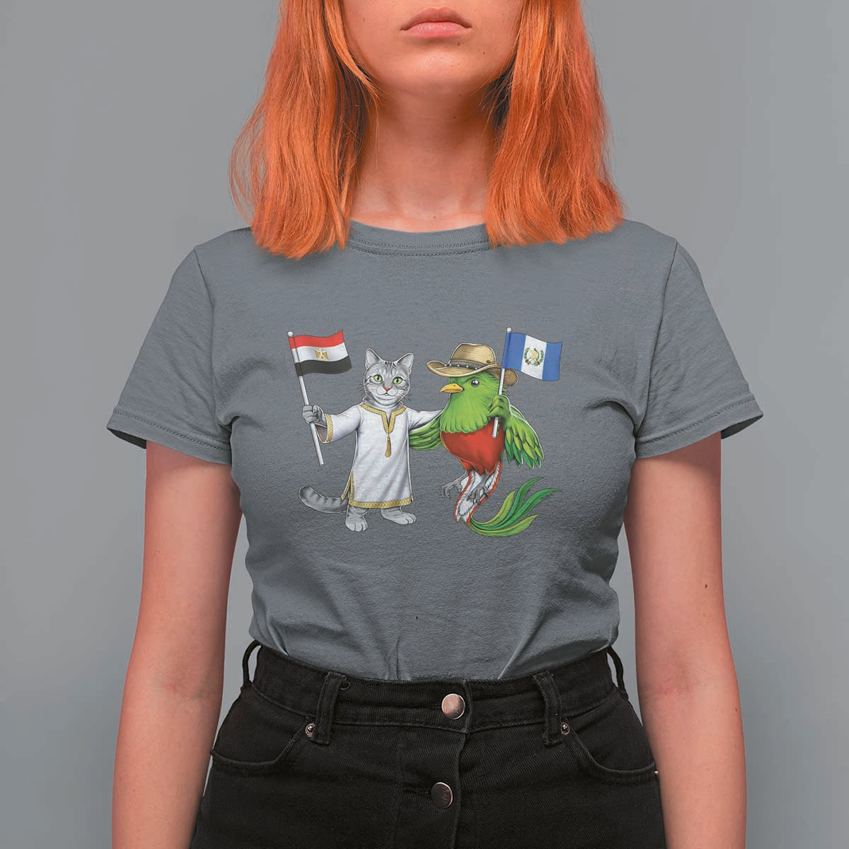 Egypt and Guatemala Friendship Heritage Pride T Shirt For Women Cute Cat and Quetzal Holding Flag