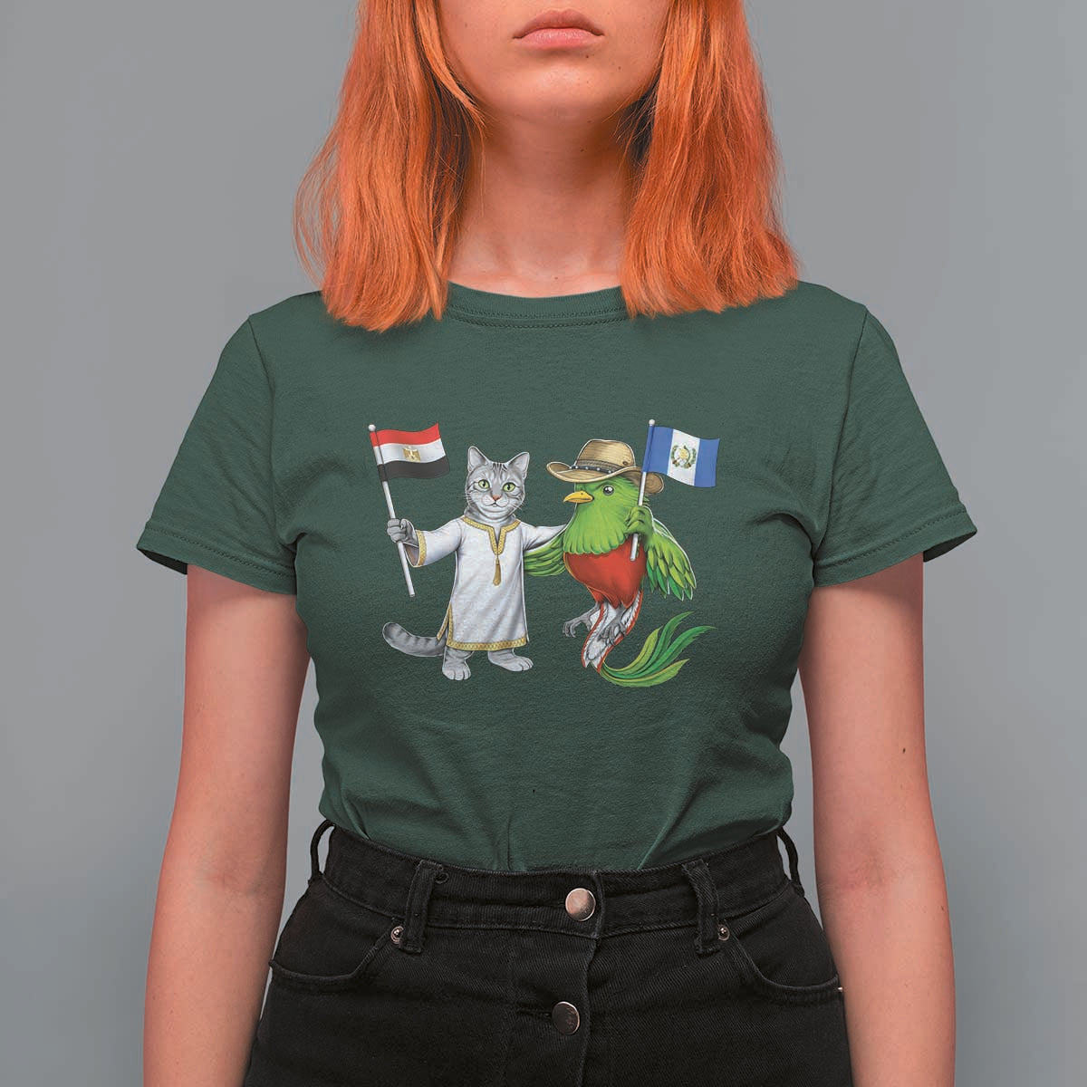 Egypt and Guatemala Friendship Heritage Pride T Shirt For Women Cute Cat and Quetzal Holding Flag