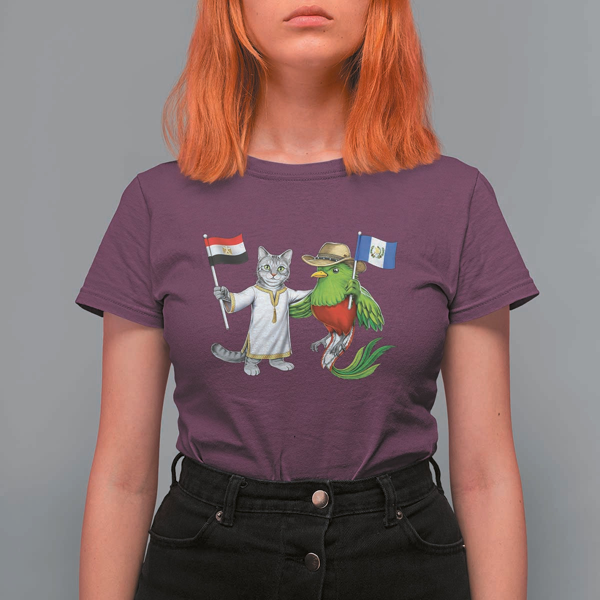 Egypt and Guatemala Friendship Heritage Pride T Shirt For Women Cute Cat and Quetzal Holding Flag