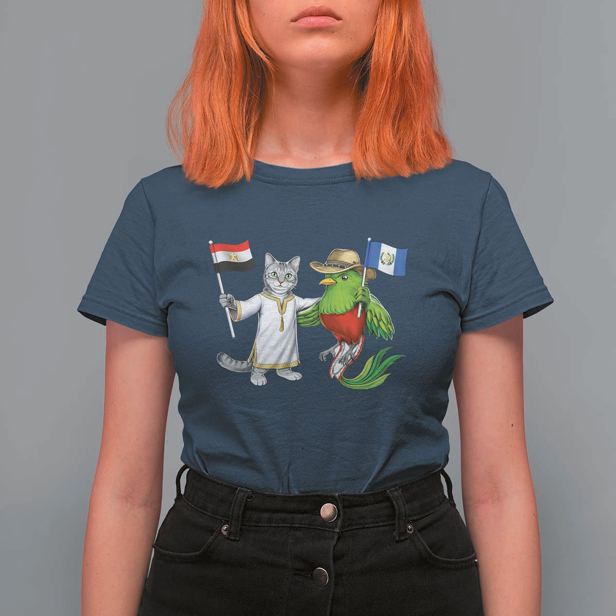 Egypt and Guatemala Friendship Heritage Pride T Shirt For Women Cute Cat and Quetzal Holding Flag