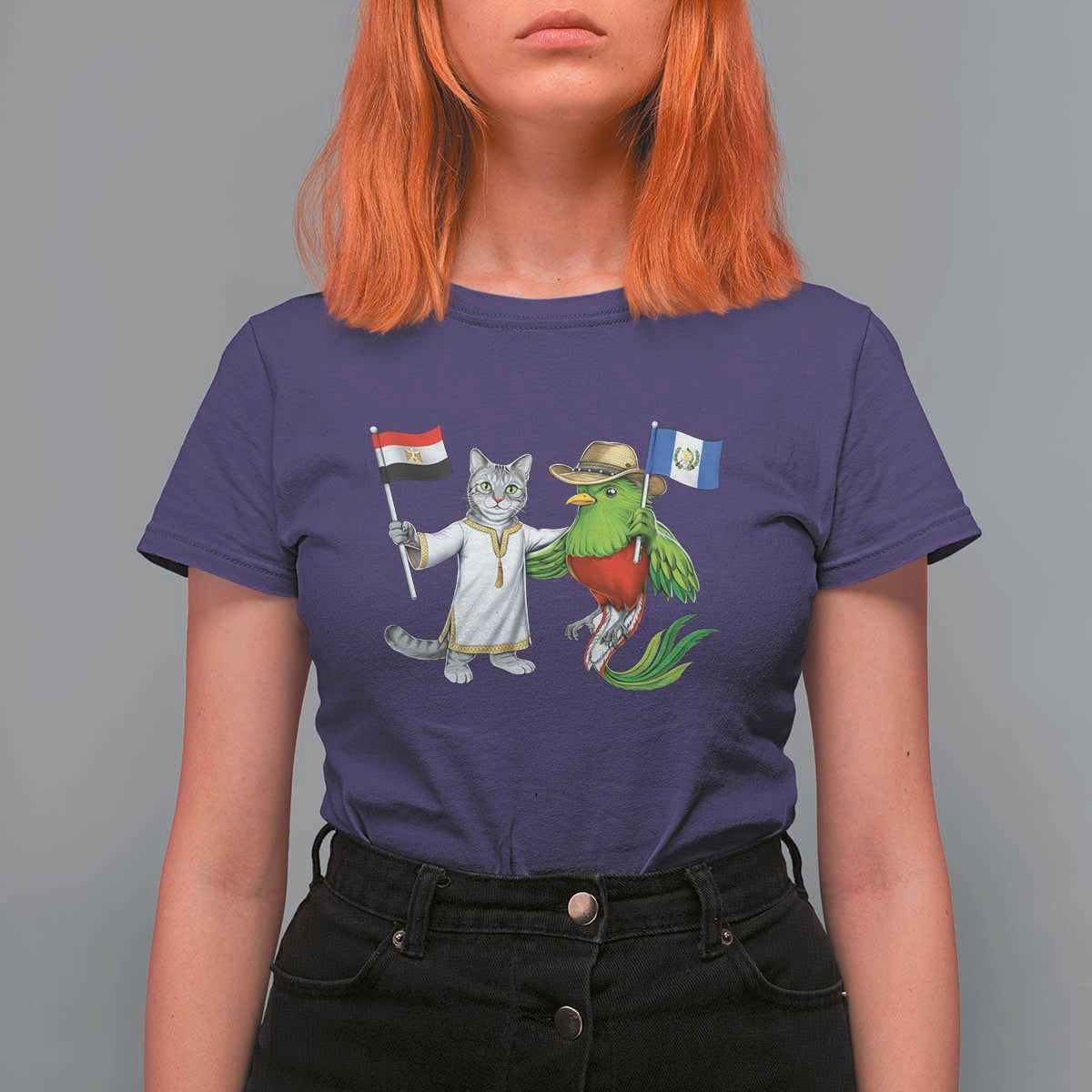 Egypt and Guatemala Friendship Heritage Pride T Shirt For Women Cute Cat and Quetzal Holding Flag