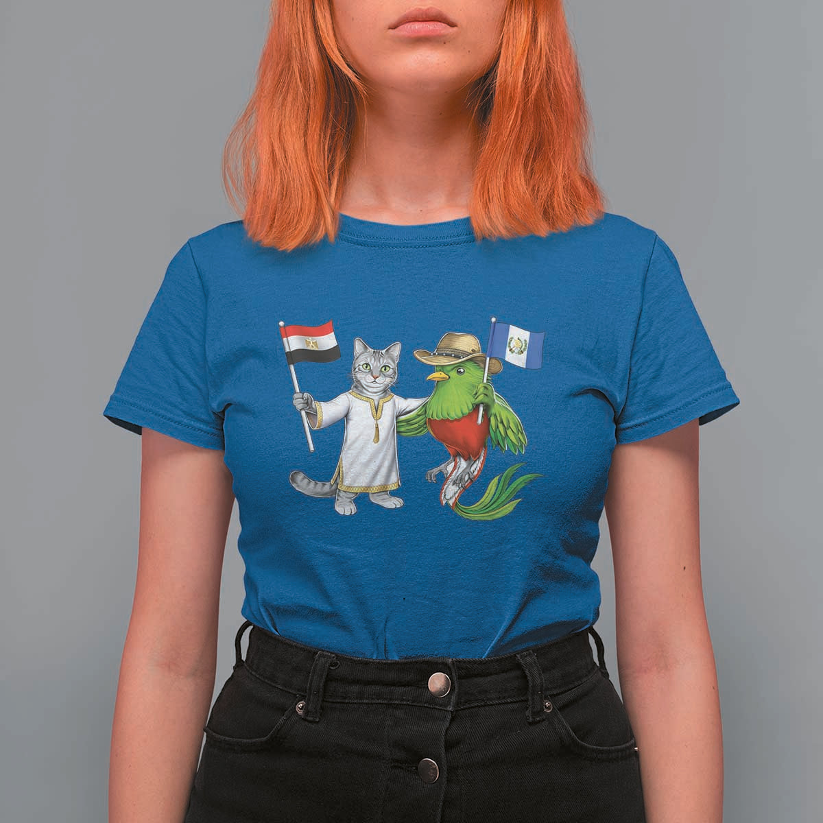 Egypt and Guatemala Friendship Heritage Pride T Shirt For Women Cute Cat and Quetzal Holding Flag