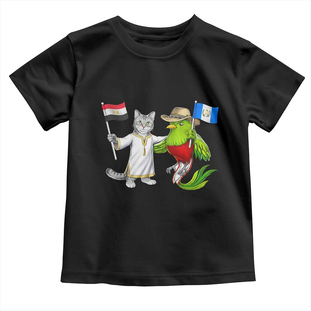 Egypt and Guatemala Friendship Heritage Pride Toddler T Shirt Cute Cat and Quetzal Holding Flag