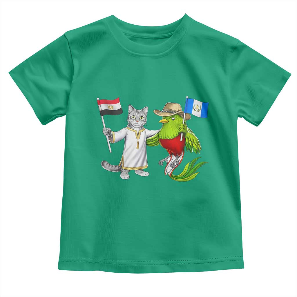 Egypt and Guatemala Friendship Heritage Pride Toddler T Shirt Cute Cat and Quetzal Holding Flag
