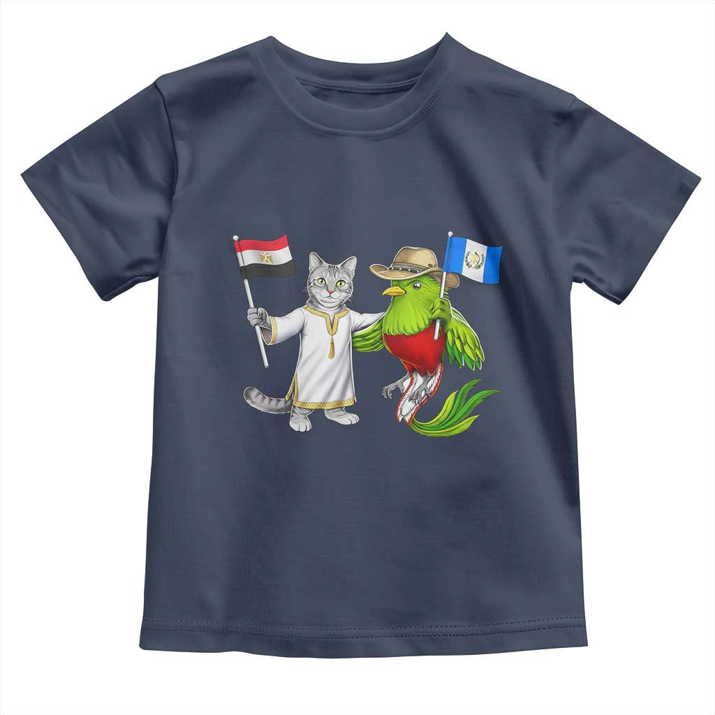 Egypt and Guatemala Friendship Heritage Pride Toddler T Shirt Cute Cat and Quetzal Holding Flag
