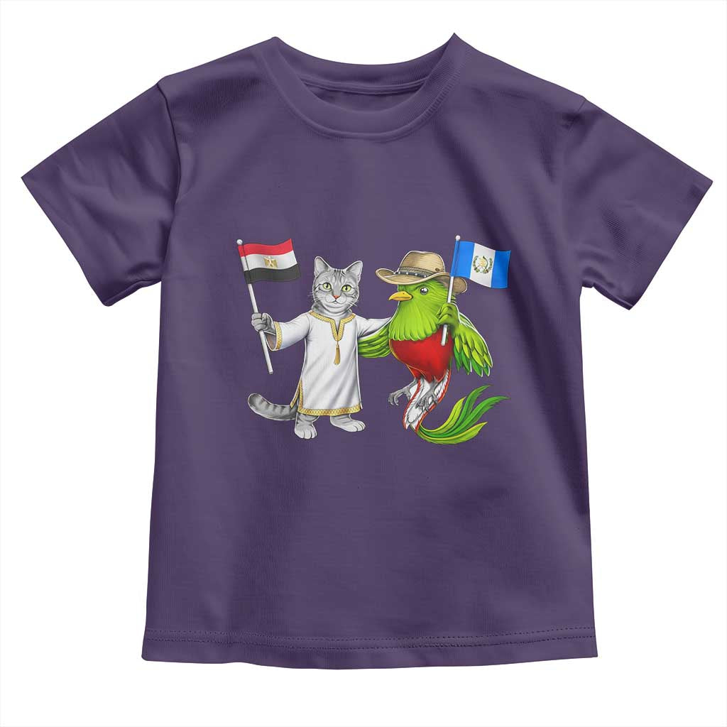 Egypt and Guatemala Friendship Heritage Pride Toddler T Shirt Cute Cat and Quetzal Holding Flag