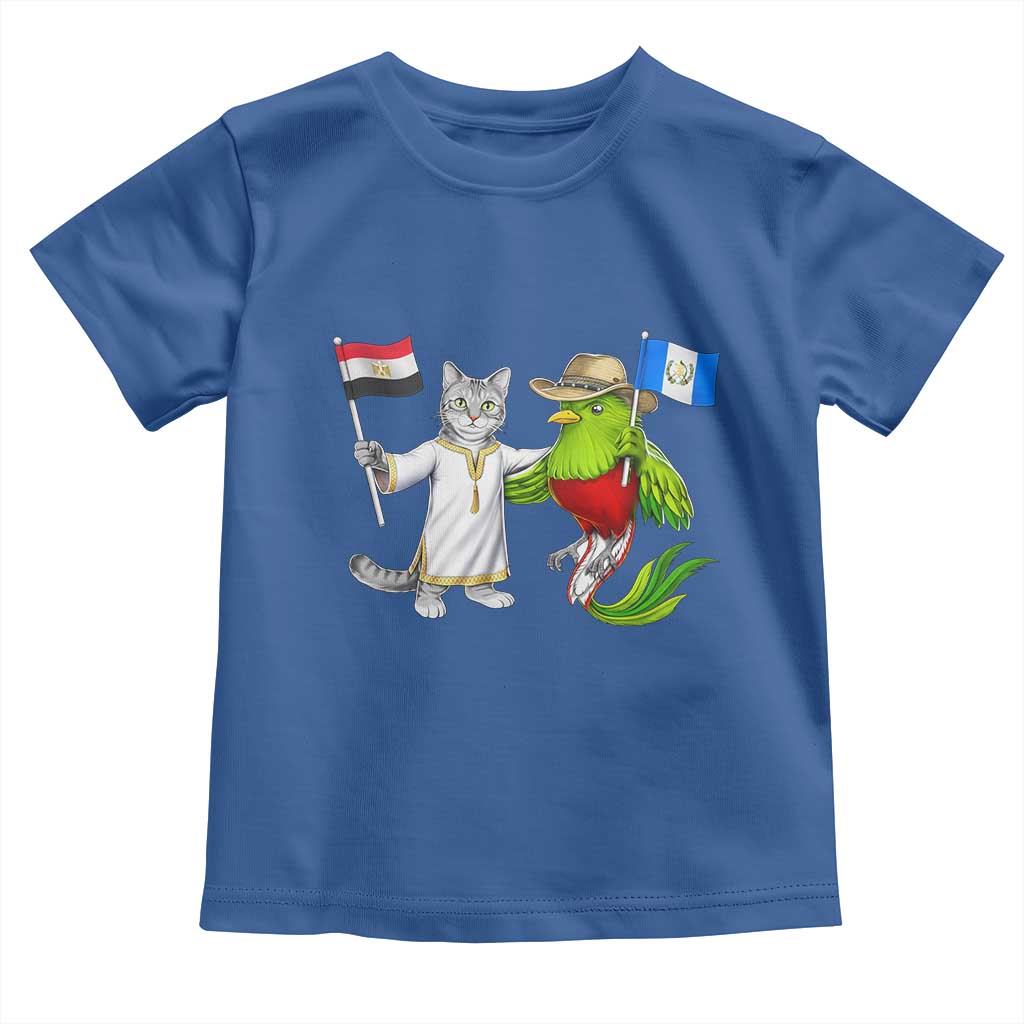 Egypt and Guatemala Friendship Heritage Pride Toddler T Shirt Cute Cat and Quetzal Holding Flag