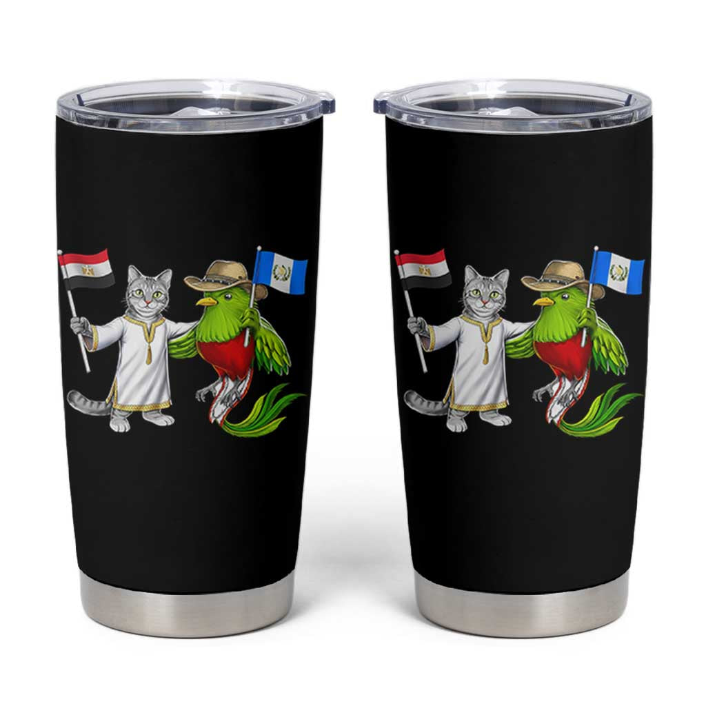 Egypt and Guatemala Friendship Heritage Pride Tumbler Cup Cute Cat and Quetzal Holding Flag