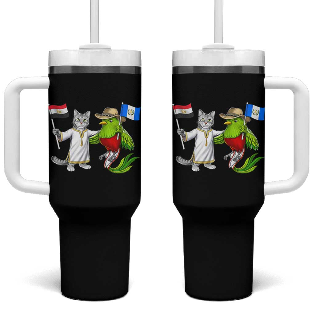 Egypt and Guatemala Friendship Heritage Pride Tumbler With Handle Cute Cat and Quetzal Holding Flag