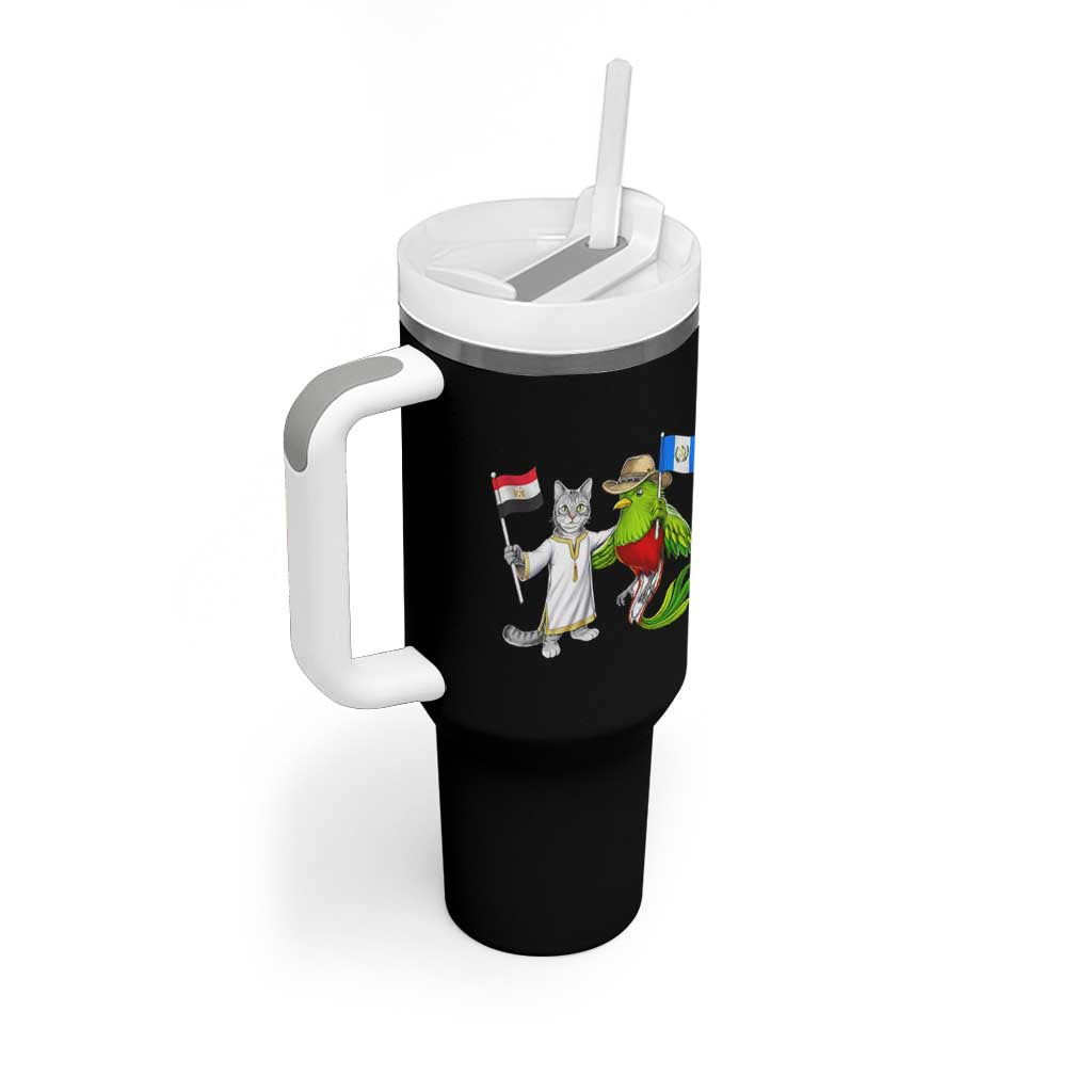 Egypt and Guatemala Friendship Heritage Pride Tumbler With Handle Cute Cat and Quetzal Holding Flag