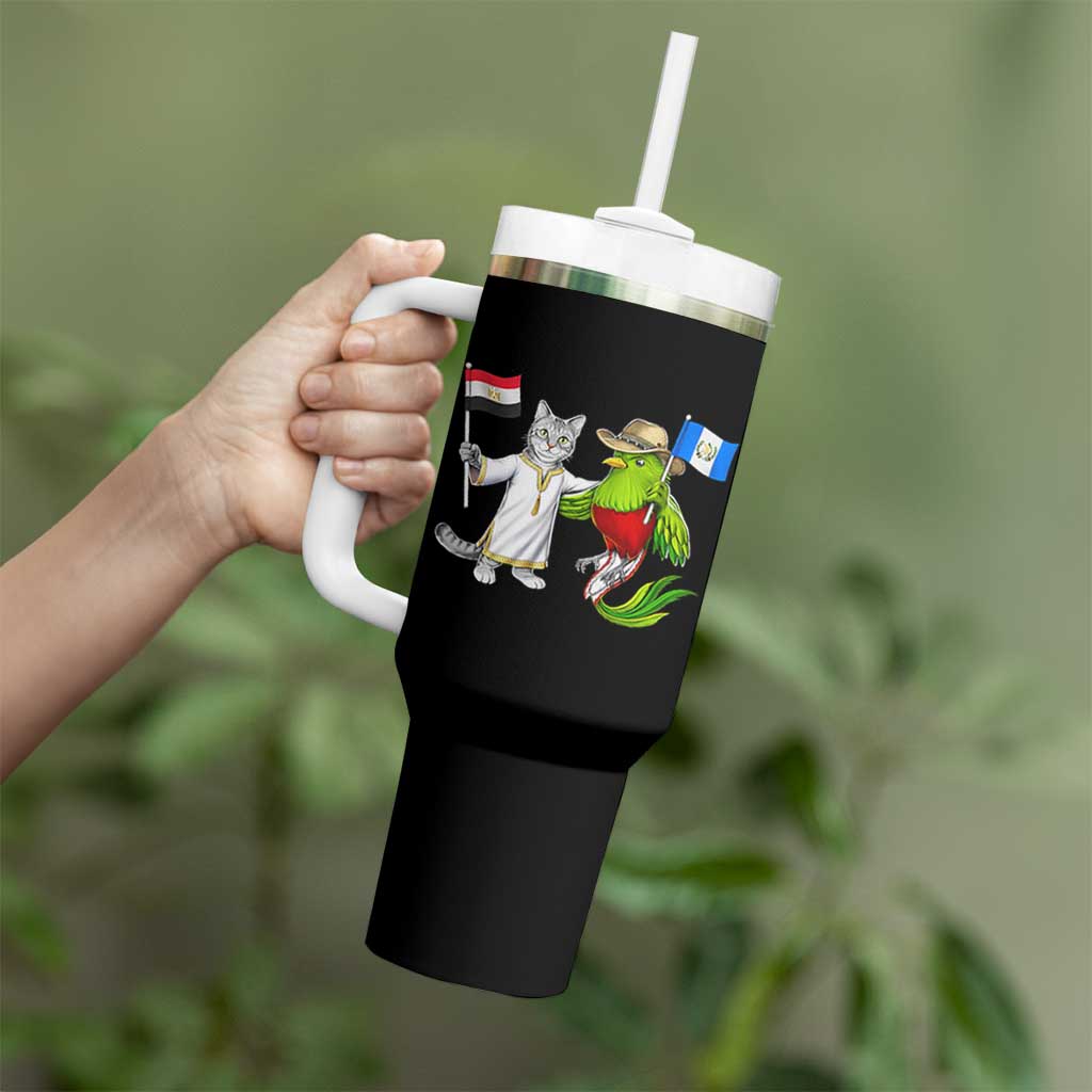Egypt and Guatemala Friendship Heritage Pride Tumbler With Handle Cute Cat and Quetzal Holding Flag