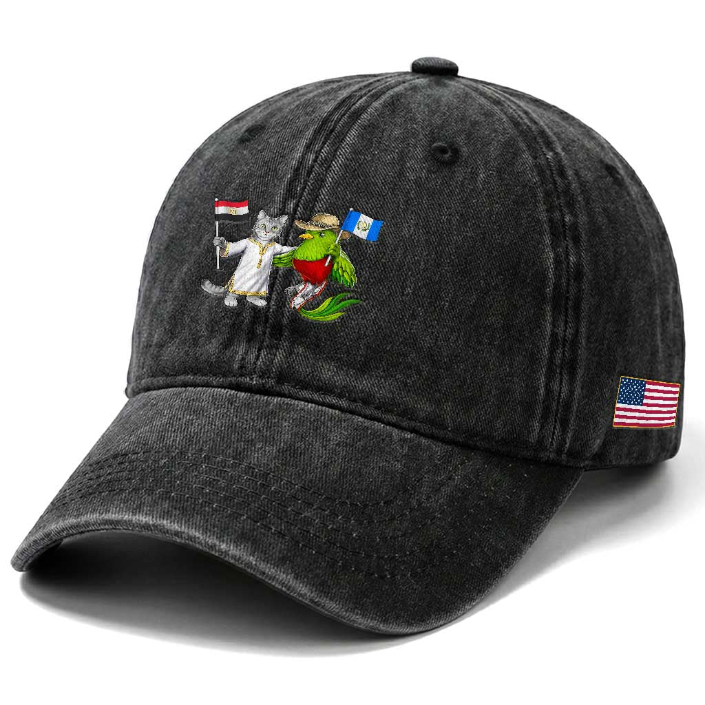 Egypt and Guatemala Friendship Heritage Pride Washed Cotton Baseball Cap Cute Cat and Quetzal Holding Flag