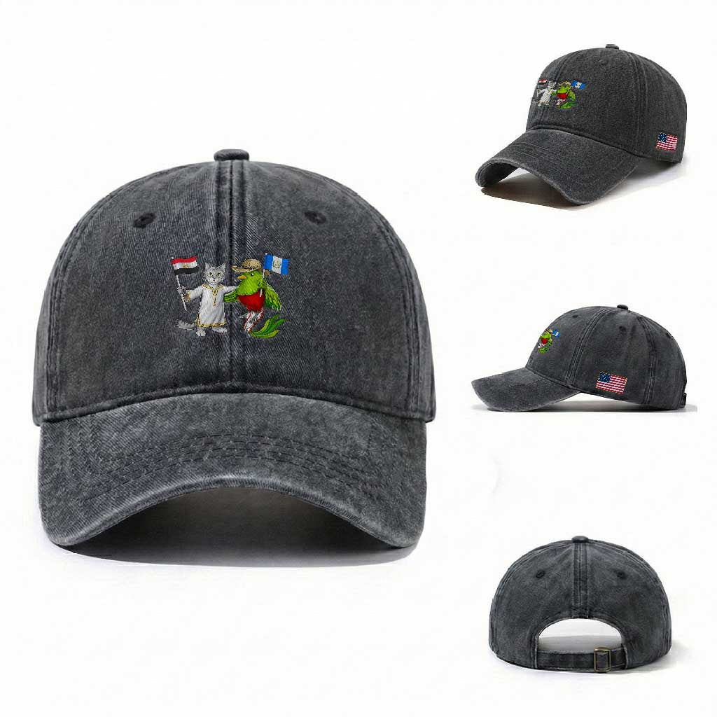 Egypt and Guatemala Friendship Heritage Pride Washed Cotton Baseball Cap Cute Cat and Quetzal Holding Flag