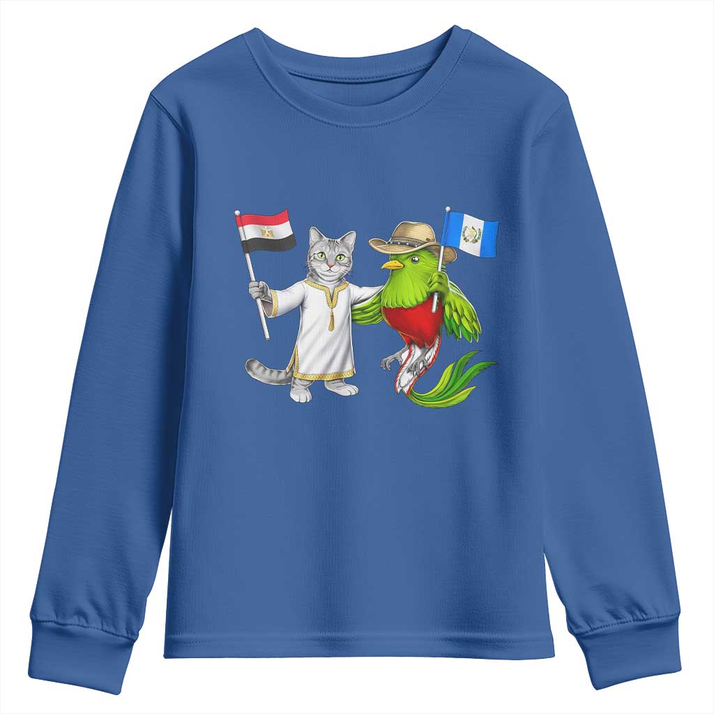 Egypt and Guatemala Friendship Heritage Pride Youth Sweatshirt Cute Cat and Quetzal Holding Flag