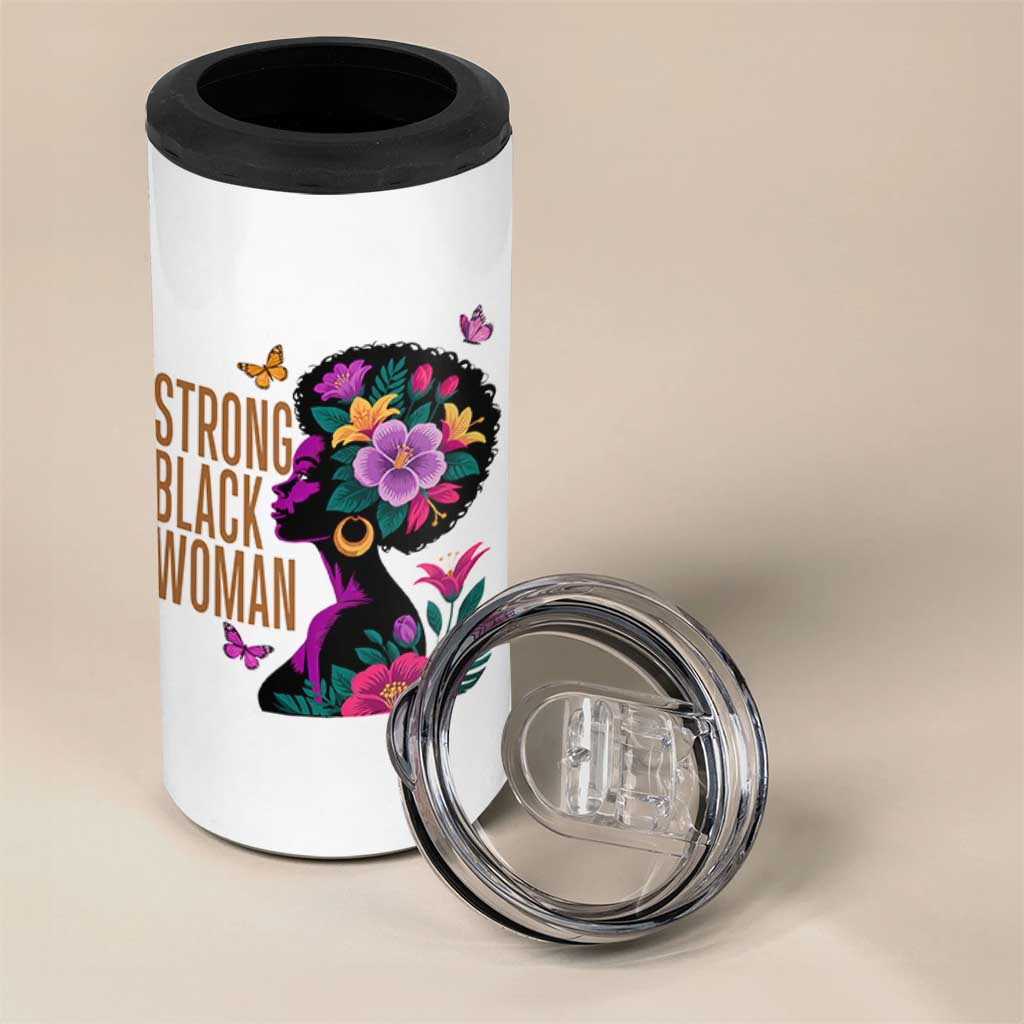 Strong Black Woman Floral Afro 4 in 1 Can Cooler Tumbler Empowering Black Queen Pride Celebrating Melanin and Strength