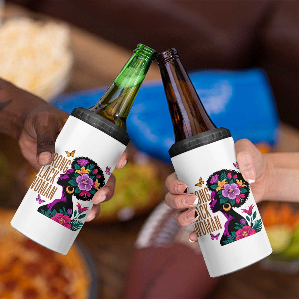 Strong Black Woman Floral Afro 4 in 1 Can Cooler Tumbler Empowering Black Queen Pride Celebrating Melanin and Strength