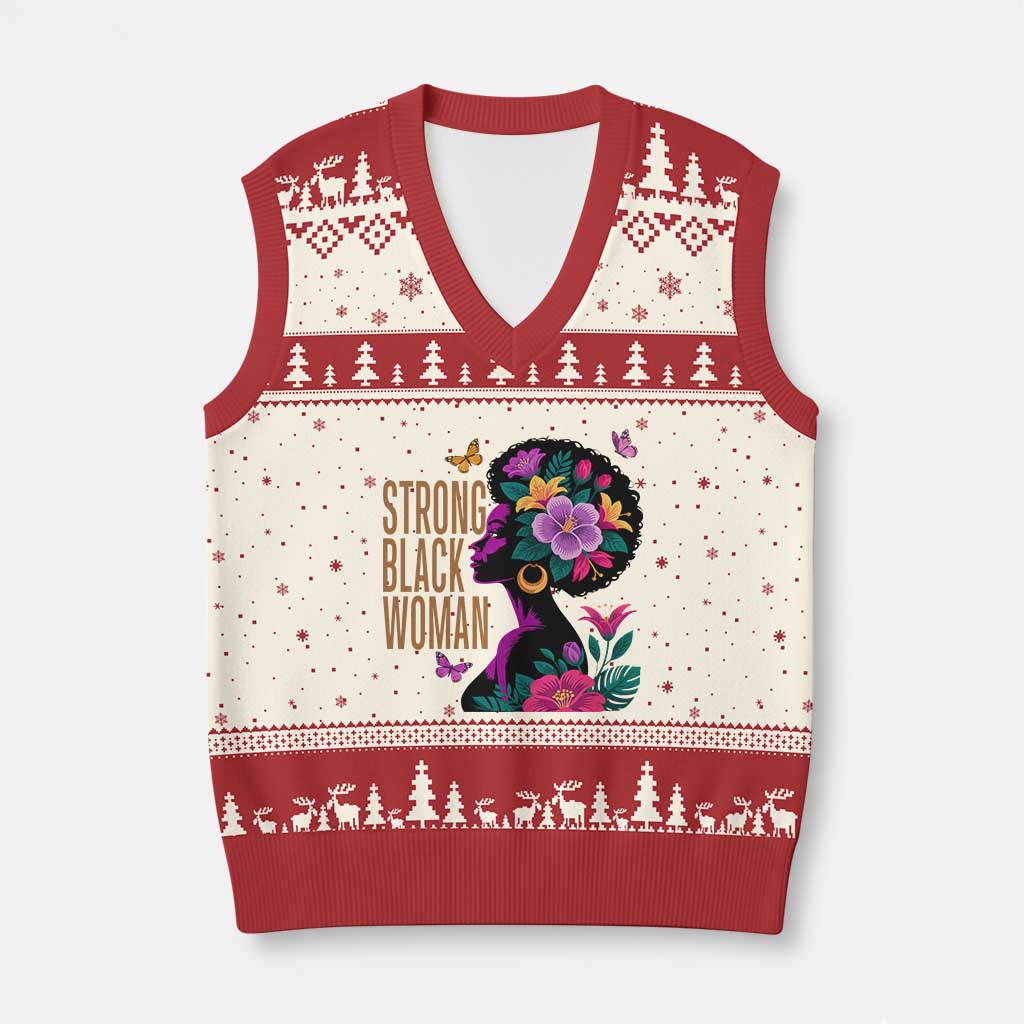 Strong Black Woman Floral Afro V-Neck Knit Sweater Vest Empowering Black Queen Pride Celebrating Melanin and Strength