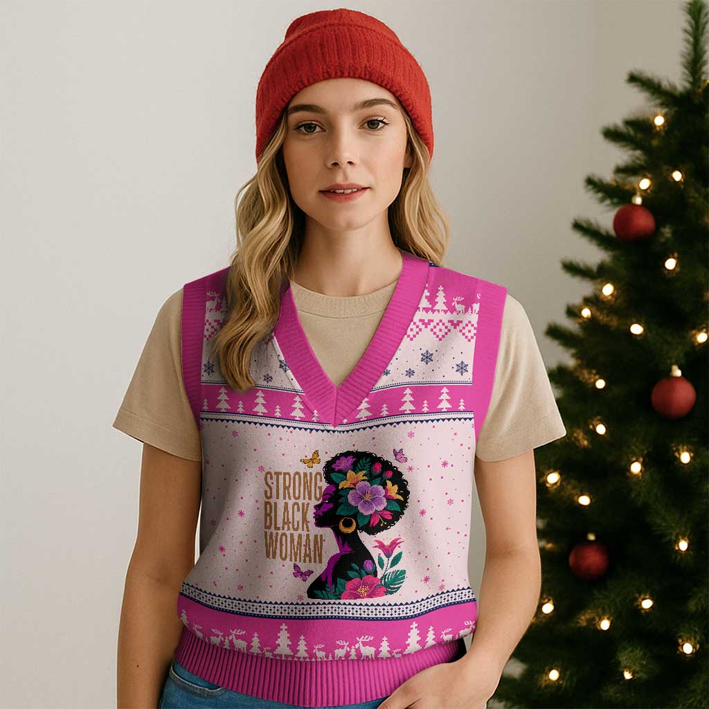 Strong Black Woman Floral Afro V-Neck Knit Sweater Vest Empowering Black Queen Pride Celebrating Melanin and Strength