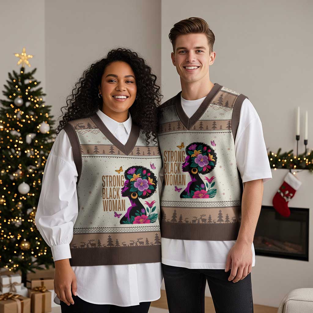 Strong Black Woman Floral Afro V-Neck Knit Sweater Vest Empowering Black Queen Pride Celebrating Melanin and Strength