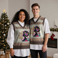 Strong Black Woman Floral Afro V-Neck Knit Sweater Vest Empowering Black Queen Pride Celebrating Melanin and Strength