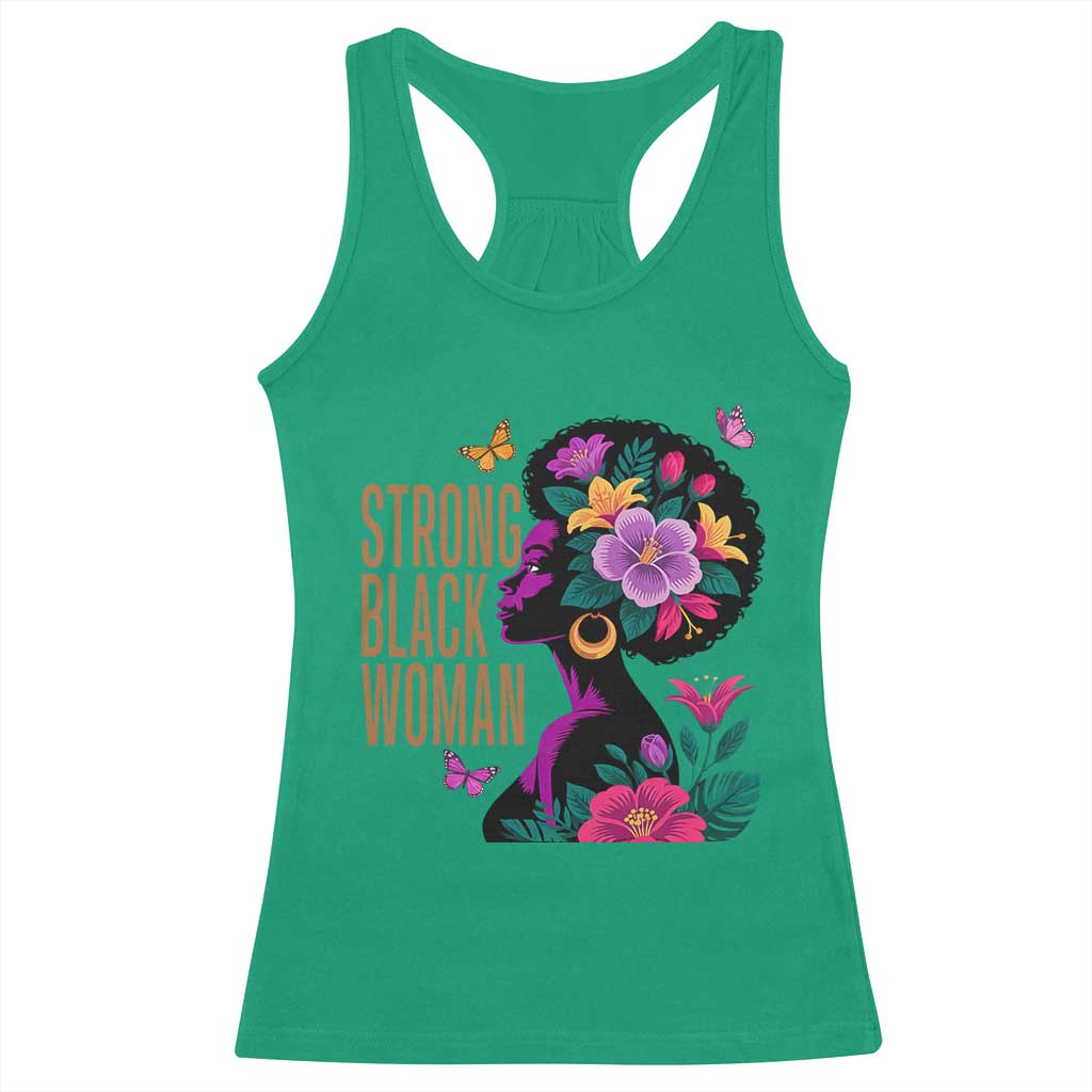 Strong Black Woman Floral Afro Racerback Tank Top Empowering Black Queen Pride Celebrating Melanin and Strength