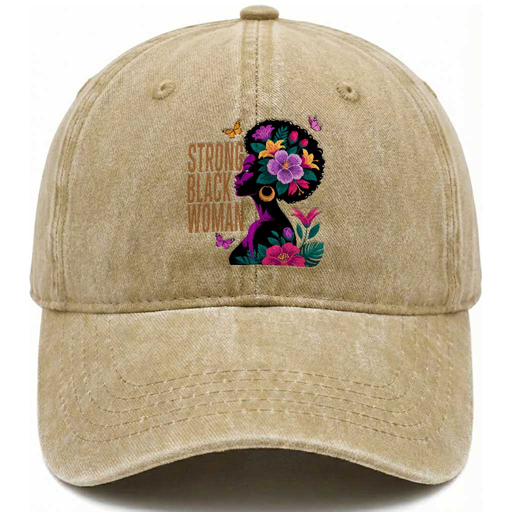 Strong Black Woman Floral Afro Washed Cotton Baseball Cap Empowering Black Queen Pride Celebrating Melanin and Strength