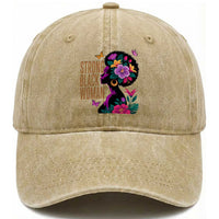Strong Black Woman Floral Afro Washed Cotton Baseball Cap Empowering Black Queen Pride Celebrating Melanin and Strength